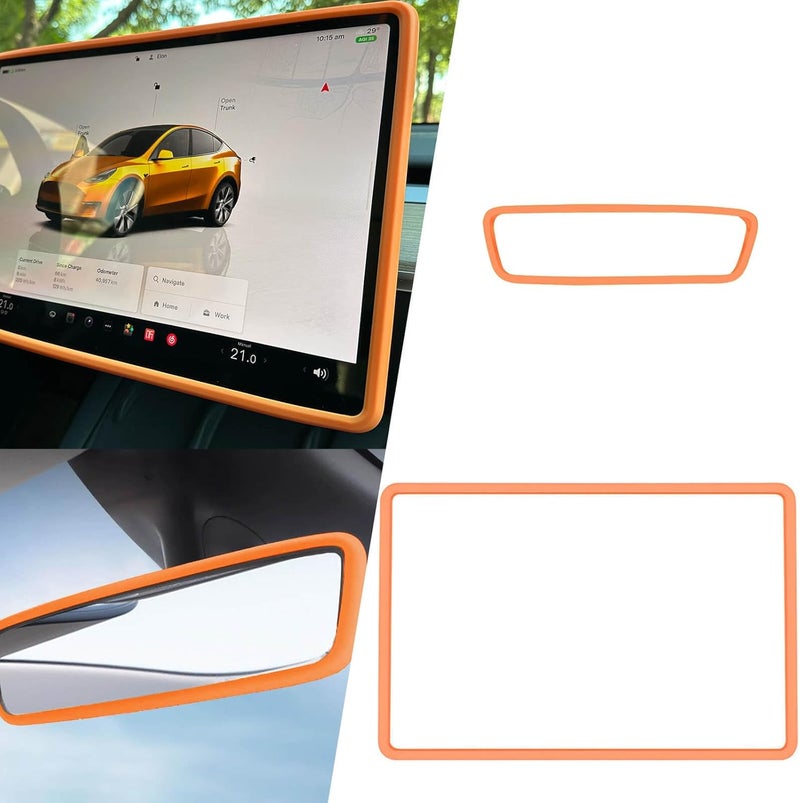 Yeapop 2Pcs Silicone Protector Frames of Screen and Rear View Mirror for Tesla Model 3 2017-2023 and Model Y 2019-Feb.2025. (Orange) - Image 1